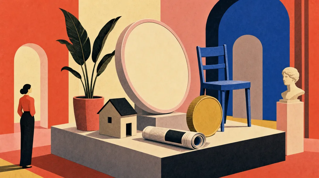 Surreale Illustration eines Denkmals aus Alltagsgegenständen: Thermostat, Stuhl, Pflanze und Münze
