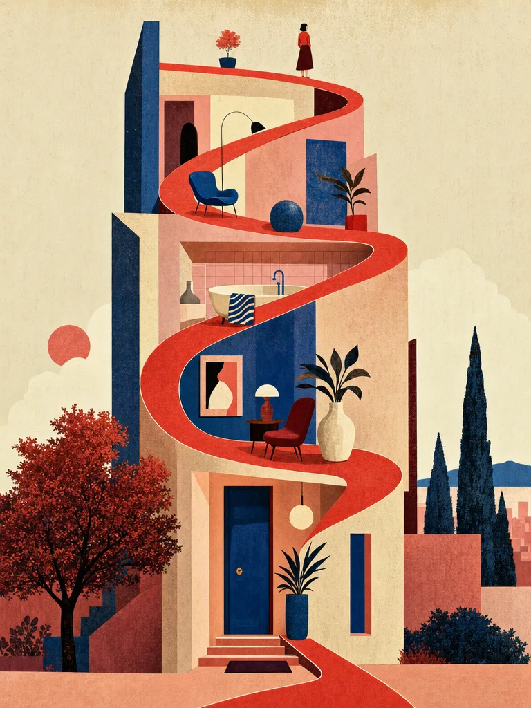 Surreale Illustration eines Hauses, das sich in einer durchgehenden roten Rampe entfaltet, mit Alltagsgegenständen als Skulpturen