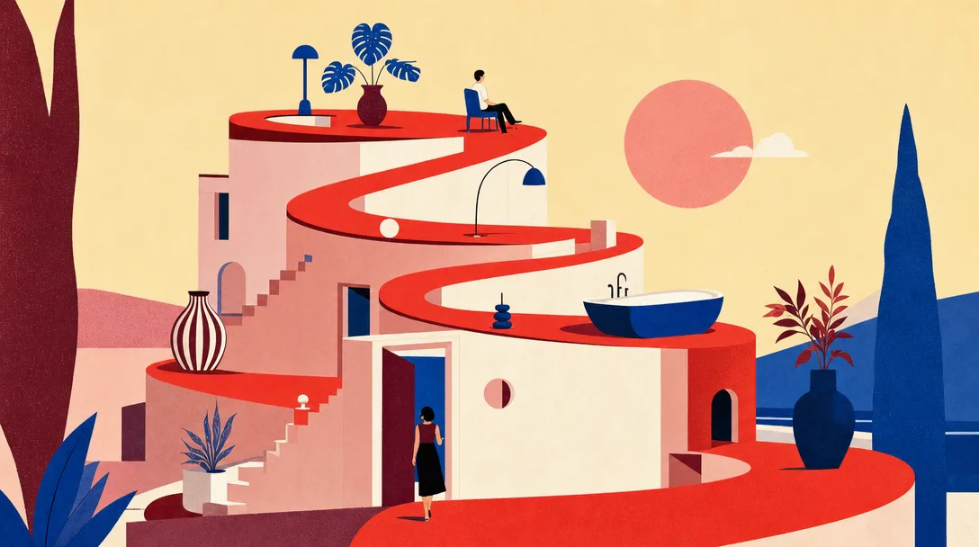 Surreale Illustration eines Hauses, das sich in einer durchgehenden roten Rampe entfaltet