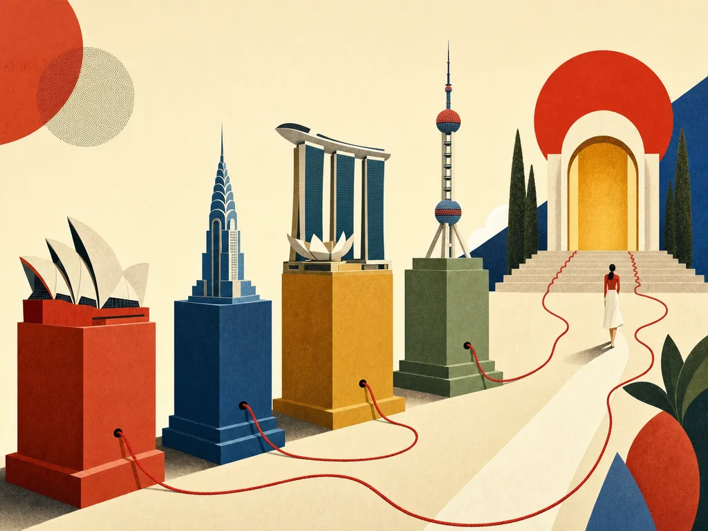 Surreale architektonische Szene: Fünf abgestufte geometrische Steinsockel mit symbolischen Monumenten internationaler Remote-Work-Ziele, verbunden durch ein rotes Band