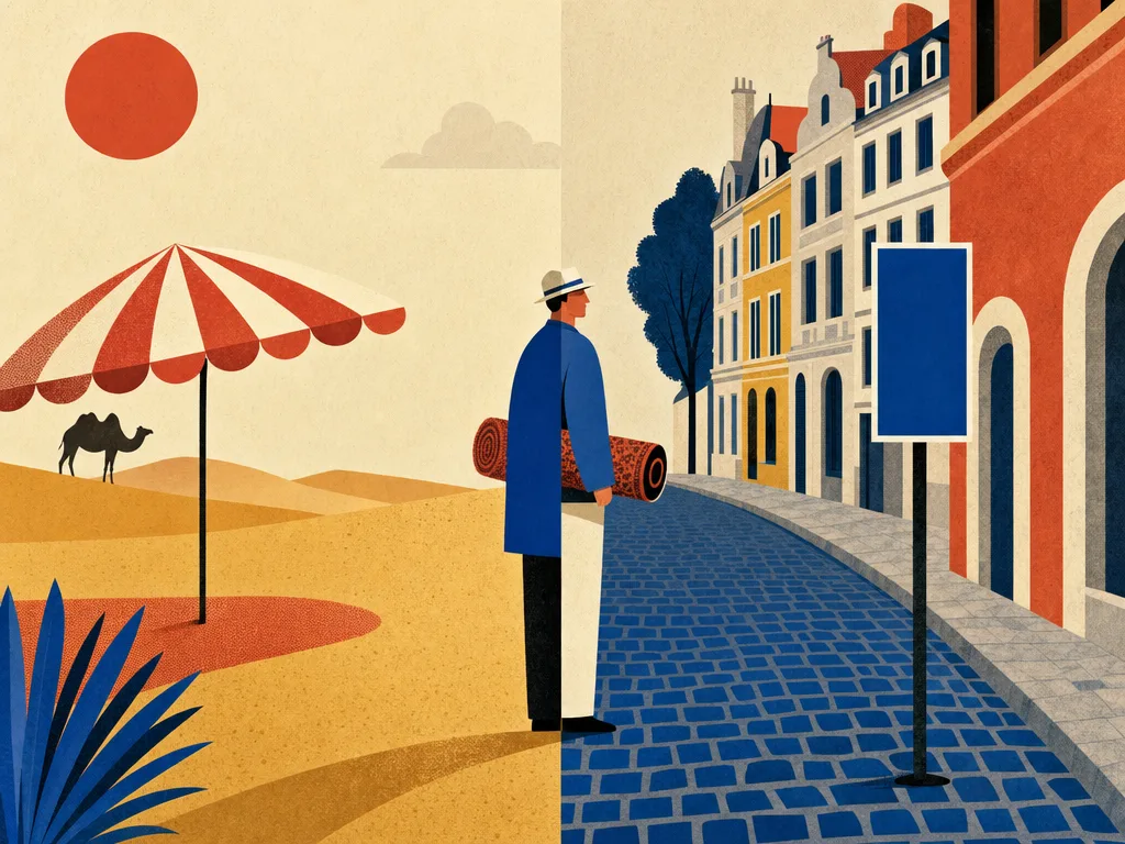 Illustration einer Figur, die genau auf der Trennlinie zwischen Wüstensand und europäischer Kopfsteinpflasterstraße steht und einen Teppich trägt