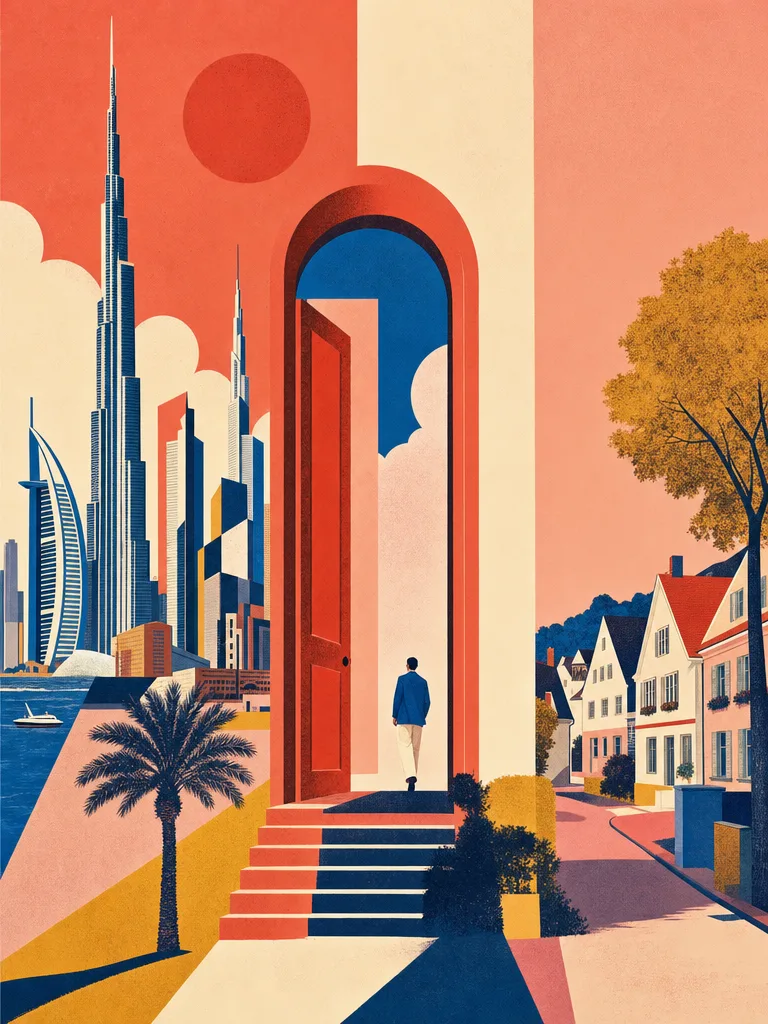 Unmögliche Landschaft, in der eine vereinfachte Dubai-Skyline und eine deutsche Wohnstraße durch eine architektonische Tür verbunden sind