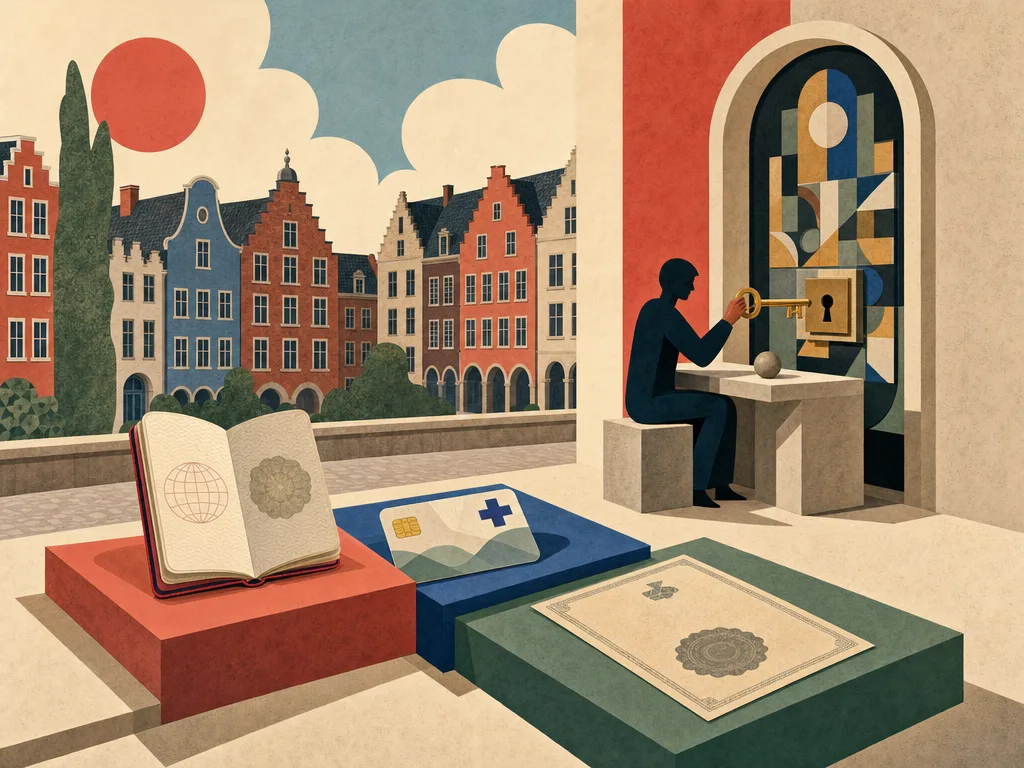 Surreale architektonische Illustration: Ein Reisepass, eine Krankenversicherungskarte und eine Meldebescheinigung bilden drei gestufte Sockel vor einem geometrischen Schloss, an dem eine Figur einen goldenen Schlüssel ansetzt