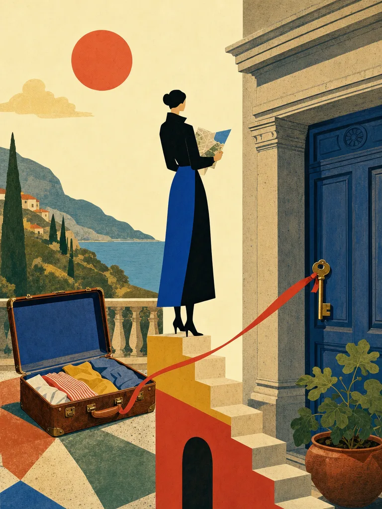 Surreale architektonische Illustration: Ein geöffneter Reisekoffer verwandelt sich auf einer Freitreppe in ein solides Hausfundament vor der Silhouette deutscher Altbauten und Amtsportale