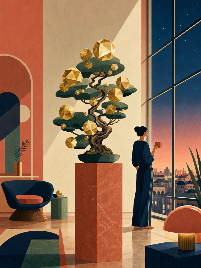 Surreale architektonische Illustration: Ein eleganter modernistischer Wohnraum mit raumhoher Fensterfront, in dem auf einem Sockel ein stilisierter geometrischer Bonsai-Baum wächst, dessen Blätter aus leuchtenden kristallinen Goldmünzen bestehen, vor einer ruhigen Stadtsilhouette im Abendlicht