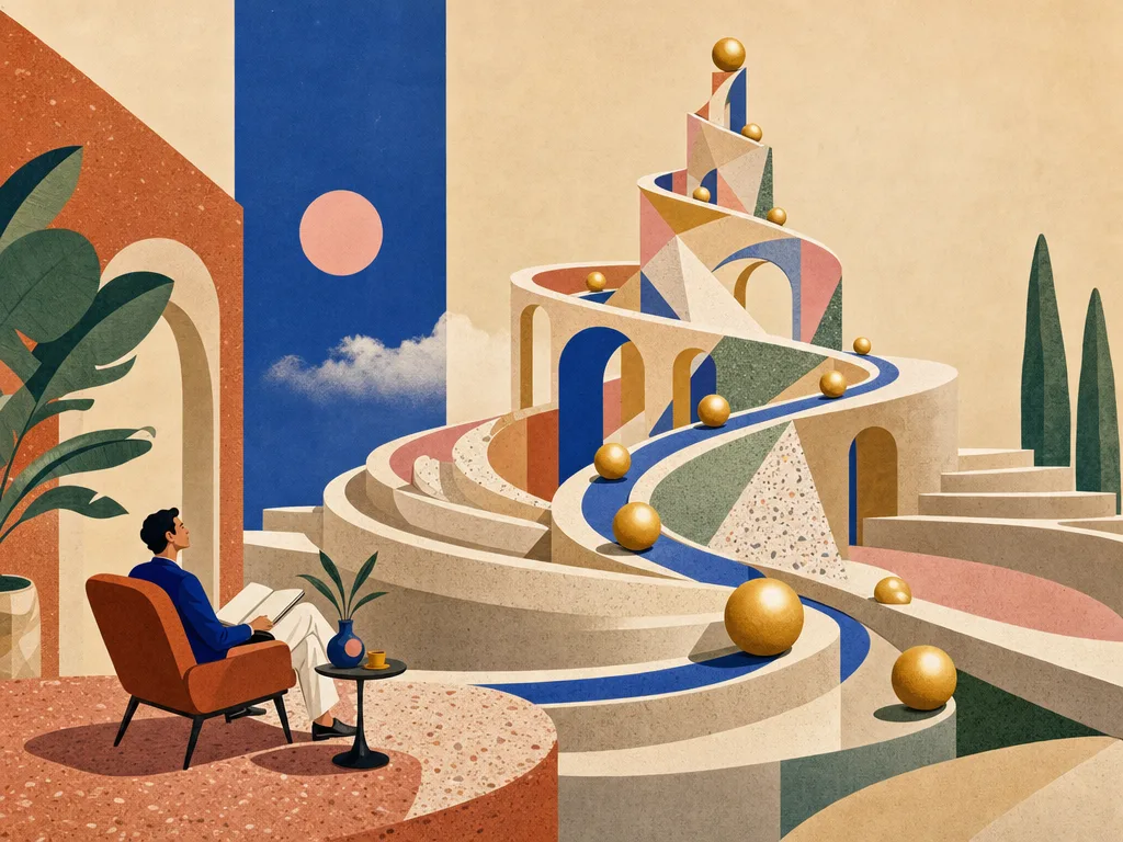 Surreale grafische Illustration: Eine elegante geometrische Marmortreppe, auf der schwebende goldene Sphären gegen die Schwerkraft aufwärts in eine kosmische Spiralarchitektur rollen, während eine Silhouette-Figur in einem Design-Sessel entspannt Kaffee trinkt