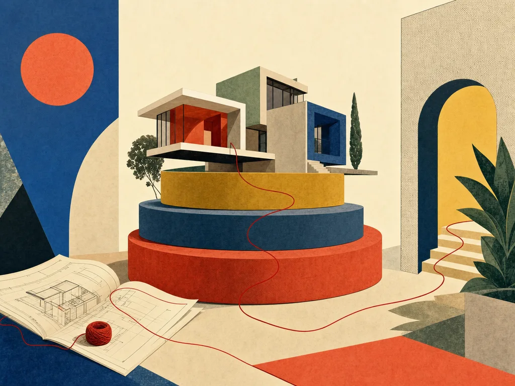 Illustration eines surrealen Architekturmodells auf drei gestapelten Steinscheiben in Korallrot, Schieferblau und Ocker, durchzogen von einem feinen roten Maßband, das zu einer offenen Bogentür führt