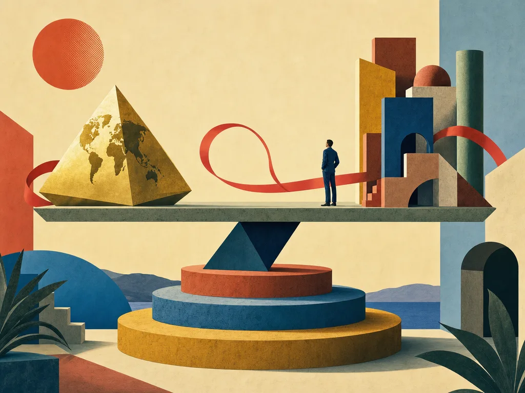 Surreale Illustration einer geometrischen Waage aus Sandstein und Kupfer zur Visualisierung der Gehaltstransformation zwischen Ausland und Deutschland