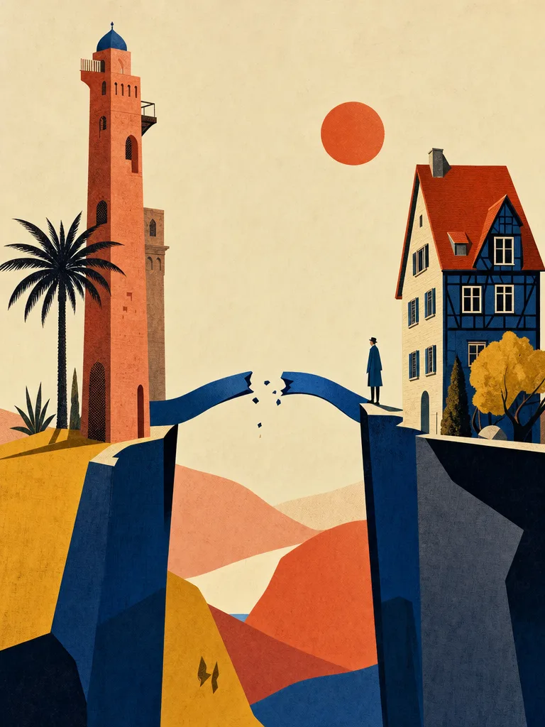Illustration zweier Gebäude, die durch eine zerbrochene Brücke verbunden sind: links ein Wüstenturm im Sonnenlicht, rechts ein deutsches Haus mit Satteldach, dazwischen ein schmaler Spalt