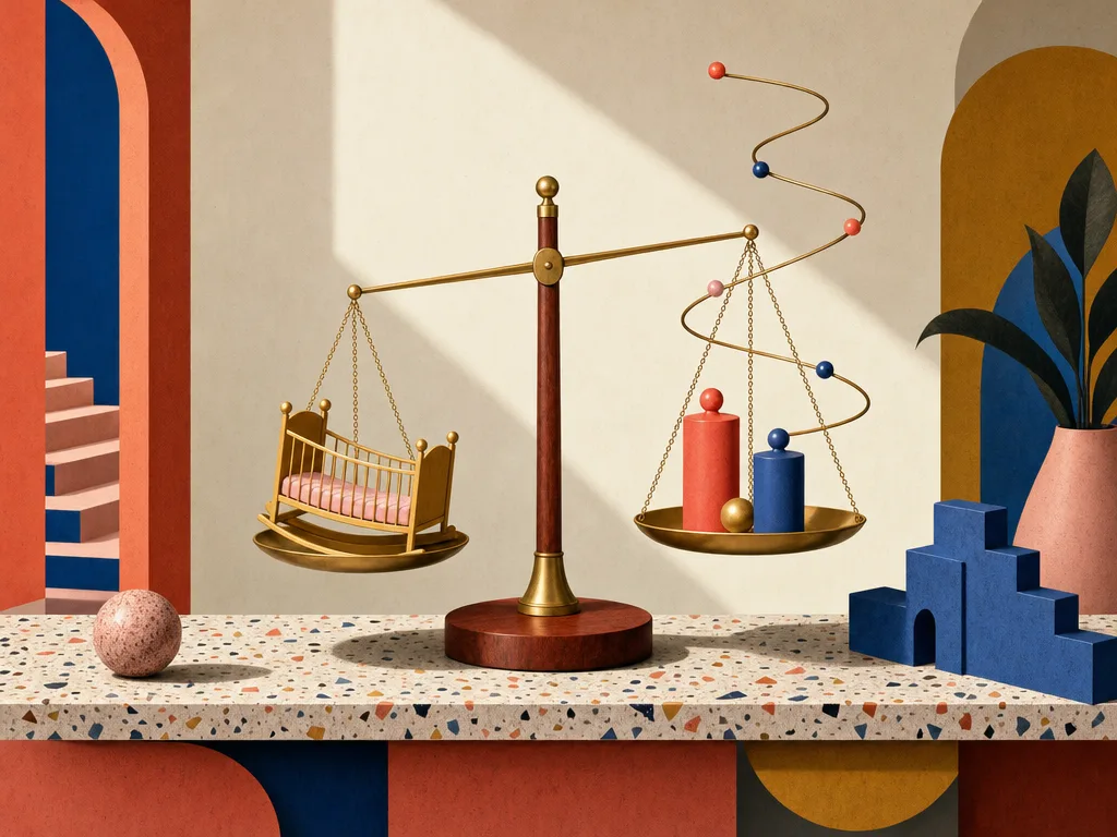 Kinetische Skulptur aus Messing und Terrakotta zur Visualisierung der rechtlichen Balance zwischen familiären Ansprüchen und gesetzlichen Ausschlussfristen