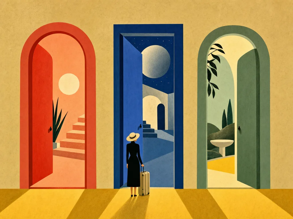 Illustration dreier hoher Türen nebeneinander in einer leeren Galerie: eine warme rote mit Rundbogen, eine tiefblaue mit geradem Sturz, eine salbeigrüne mit ovalem Abschluss; davor eine winzige Figur mit Koffer von hinten