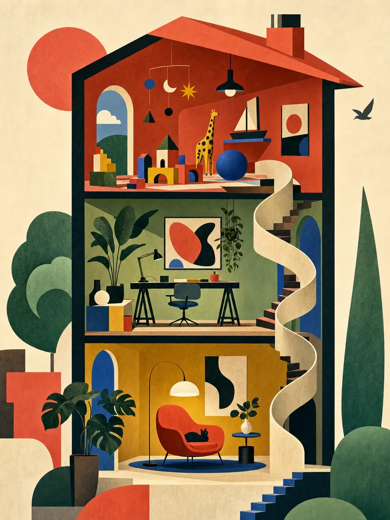 Illustration eines surrealen Schnittmodells eines Hauses, in dem mehrere Generationen in verbundenen, farbigen Räumen leben
