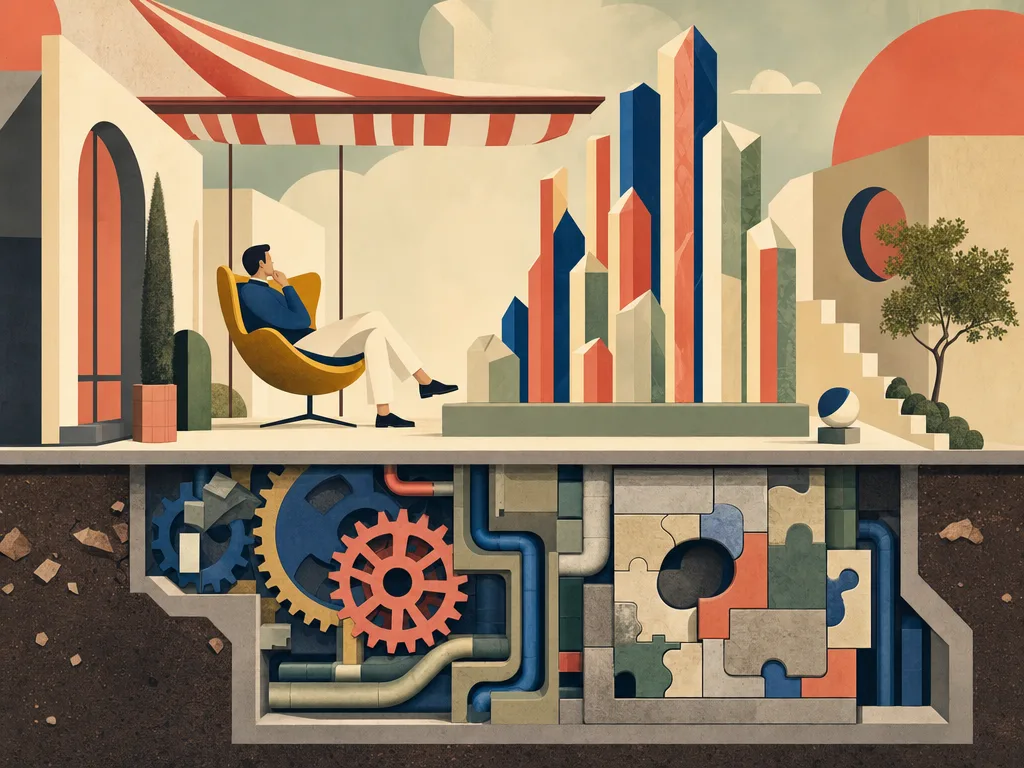Surreale architektonische Illustration: Ein Gebäudequerschnitt zeigt unterirdische Zahnräder und Steinpuzzle für Instandhaltung und Sunk Costs, während auf der Dachterrasse eine elegante Figur wachsende geometrische Finanzsäulen studiert