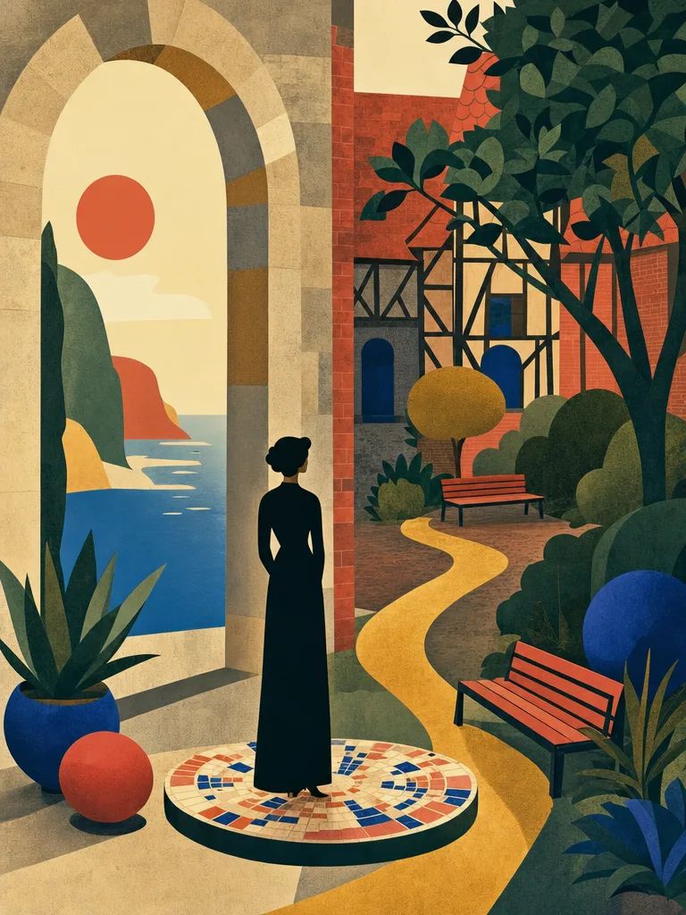 Surreale Illustration eines Übergangs von einem sonnigen Torbogen in einen geschützten Innenhof; eine Silhouette blickt auf einen gewundenen goldenen Pfad zwischen zwei Holzbänken