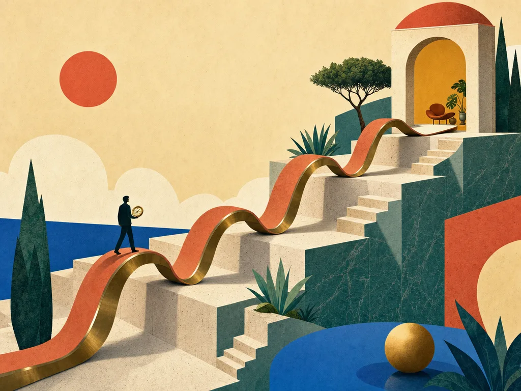 Surreale Architekturlandschaft mit einem geschwungenen Band aus Terrakotta und Messing über vier Steinterrassen zur Visualisierung der W-Kurve