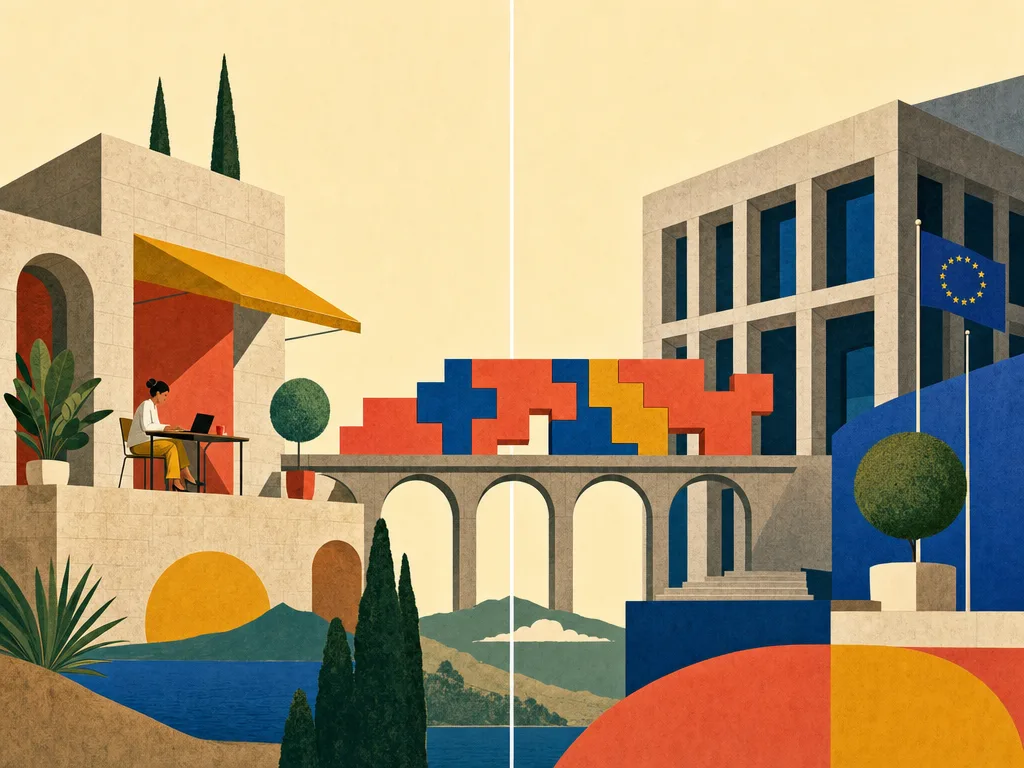 Surreale architektonische Illustration: Zwei verbundene Pavillons über einer Staatsgrenze symbolisieren die Schnittstelle zwischen Homeoffice und Unternehmenszentrale