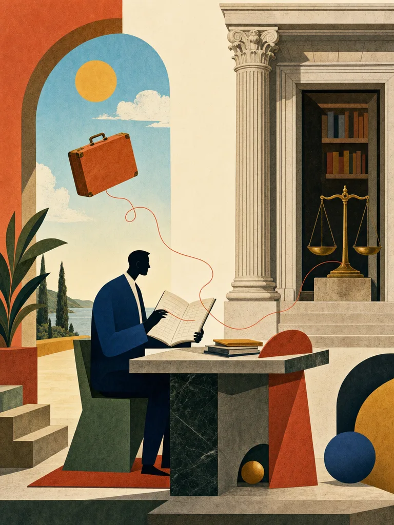 Surreale architektonische Illustration einer minimalistischen Schreibtisch-Terrasse mit Steuerbilanz und Aktenordnern vor zwei Portalen, die deutsches Recht und weltweites Arbeiten verbinden