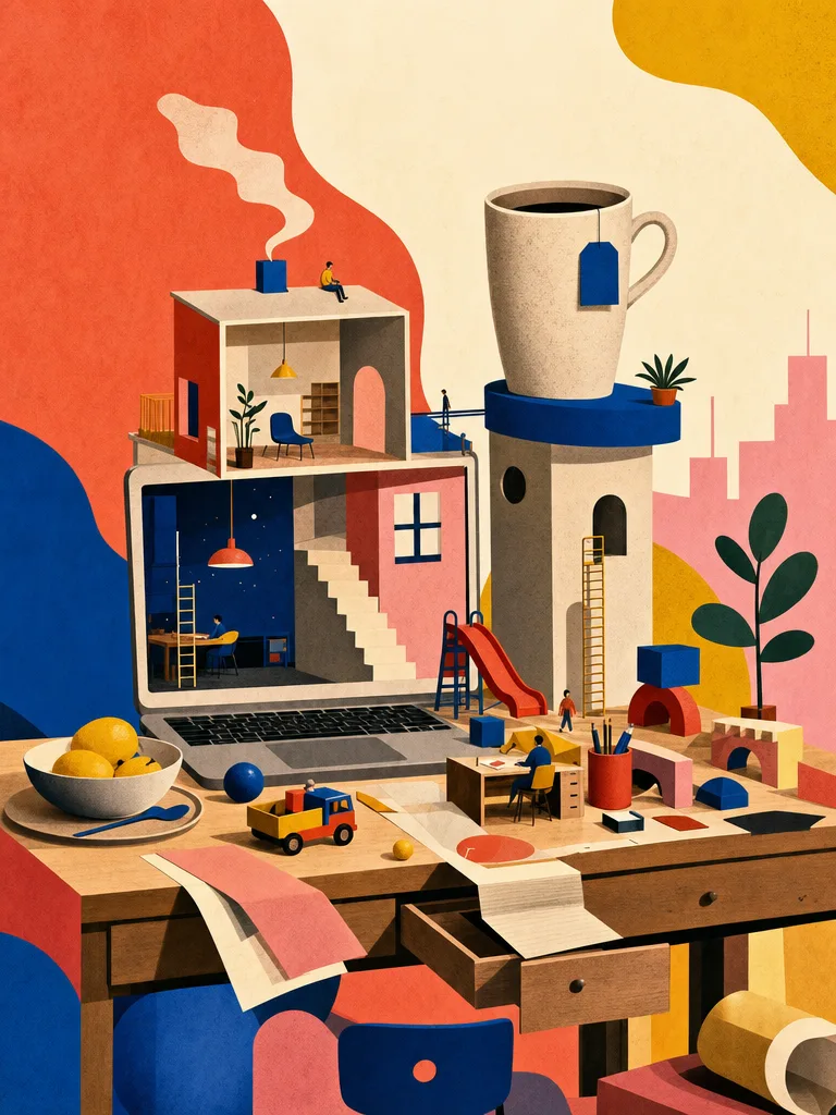 Illustration eines übergroßen Schreibtischs, der gleichzeitig Esstisch, Spielplatz und Miniaturbüro ist