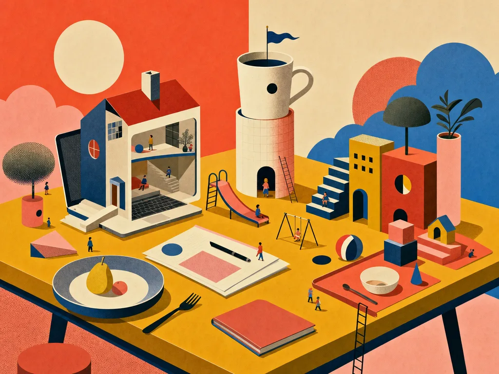 Illustration eines übergroßen Schreibtischs, der gleichzeitig Esstisch, Spielplatz und Miniaturbüro ist