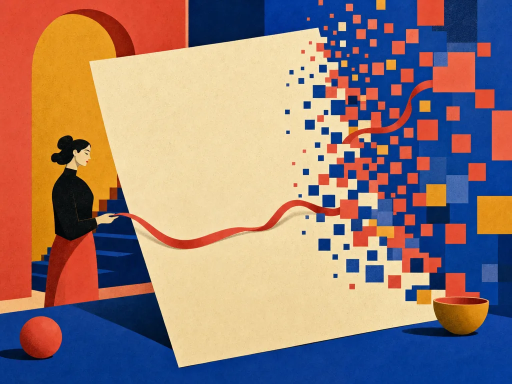Illustration eines großen leeren Amtsblatts: die linke Hälfte glattes Papier, die rechte Hälfte zerfällt in ein Raster leuchtender geometrischer Quadrate, ein rotes Band verbindet beide Seiten