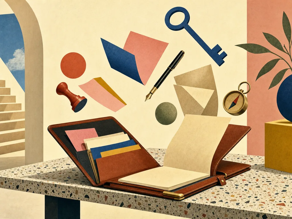 Surreale Editorial-Illustration: Geordnete Dokumentenmappe mit Reisepässen, Stempeln, Schlüsseln und Formularen auf einem Terrazzotisch.