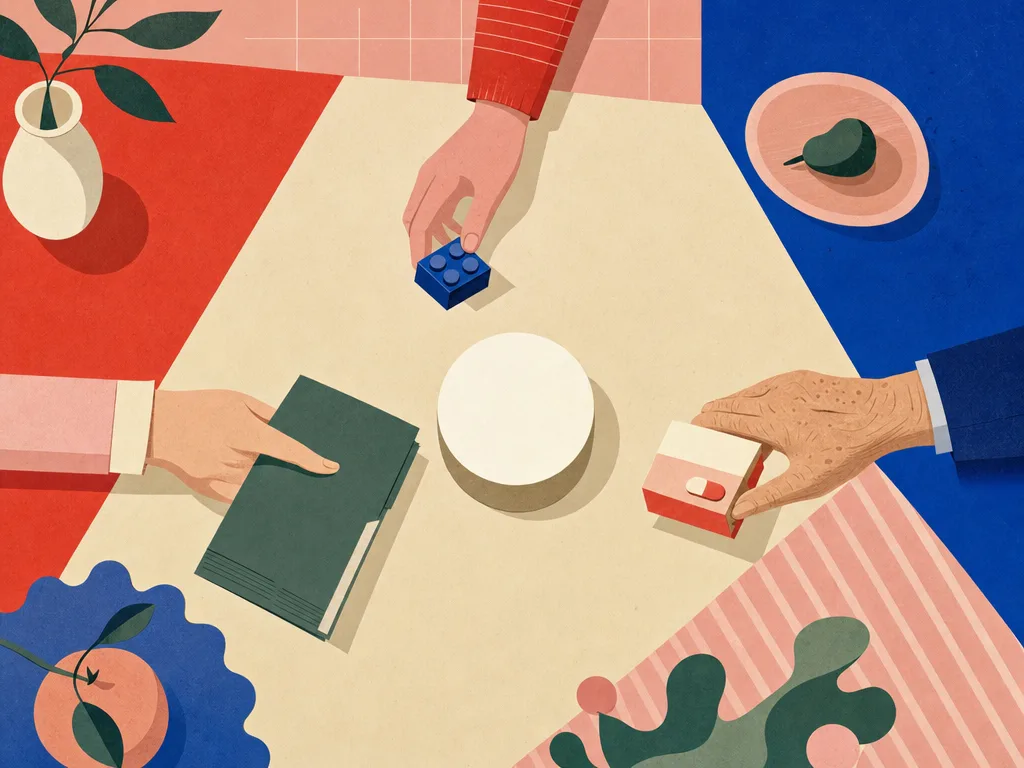 Illustration eines langen Familientisches von oben: Hände dreier Generationen reichen einen Bauklotz, einen Aktenordner und eine Medikamentenbox weiter, in der Mitte eine leere Uhr ohne Ziffern