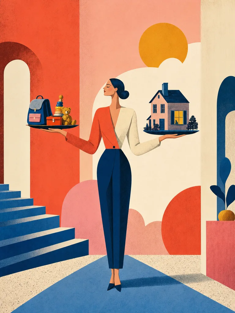 Illustration eines Erwachsenen, der auf einer Seite Kinderspielzeug und auf der anderen Seite ein Haus mit warm erleuchtetem Fenster balanciert