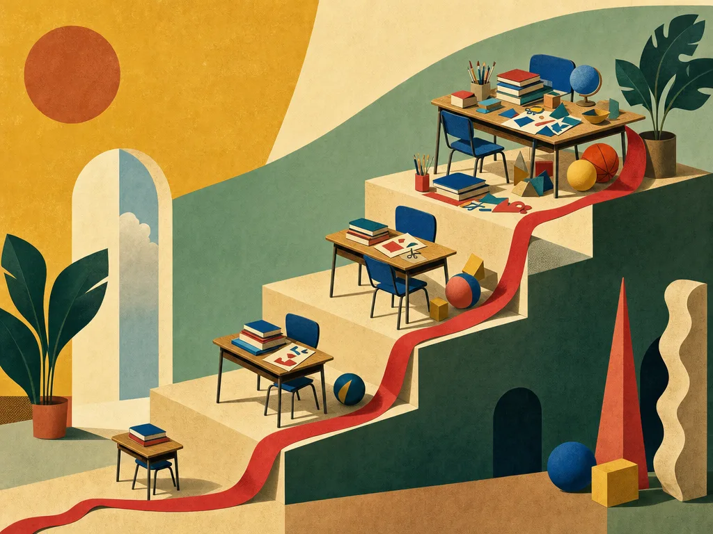 Illustration einer Treppe aus vier aufsteigenden Stufen, auf jeder Stufe ein kleines Schulpult; nach oben werden die Pulte und Gegenstände mehr – Bücher, ein Bastelbogen, ein Ball –, ein rotes Band zeichnet die Treppe nach