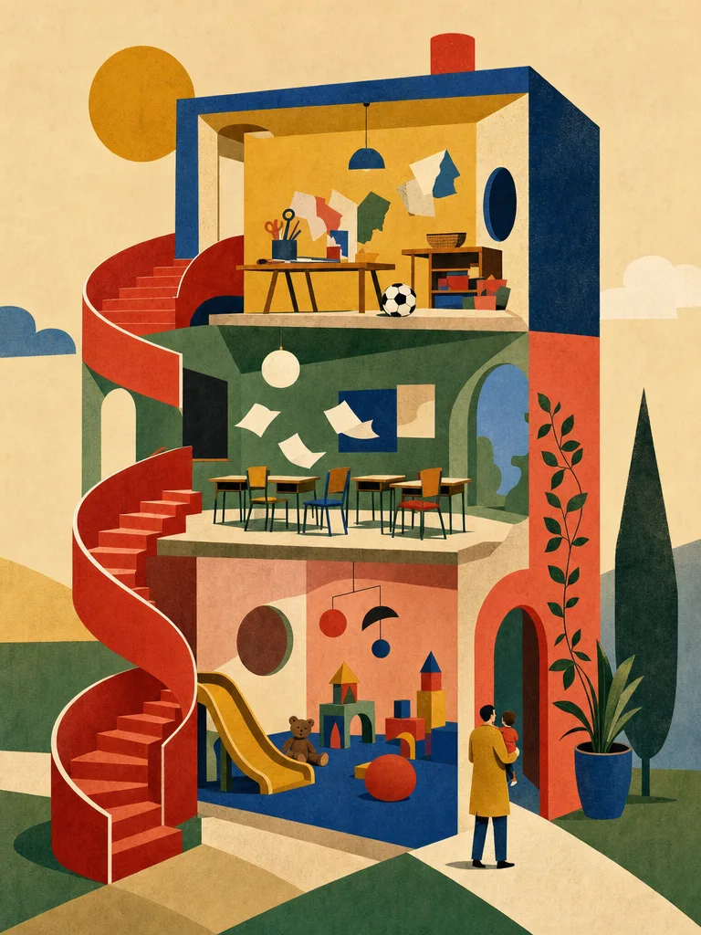 Illustration eines surrealen Schnitthauses mit drei farbigen Zonen: unten eine Kita mit Spielzeug und Rutsche, in der Mitte ein Klassenzimmer mit kleinen Tischen, oben ein Nachmittagsraum mit Basteltisch und Ball; eine rote Band-Treppe verbindet die Etagen, eine winzige Elternfigur trägt ein Kind