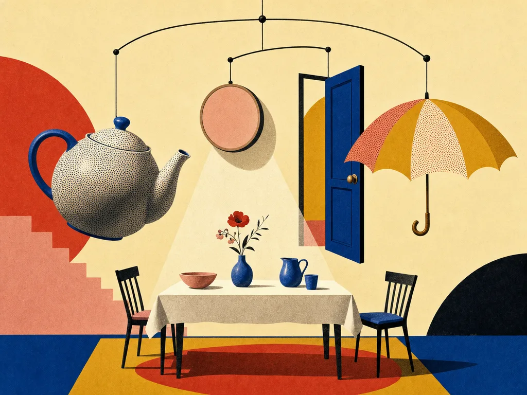 Surreale pop-art-artige Illustration: Ein harmonisches skulpturales Gleichgewicht aus Haustür, Teekanne und schützendem Schirm symbolisiert häusliche Geborgenheit und Resonanz