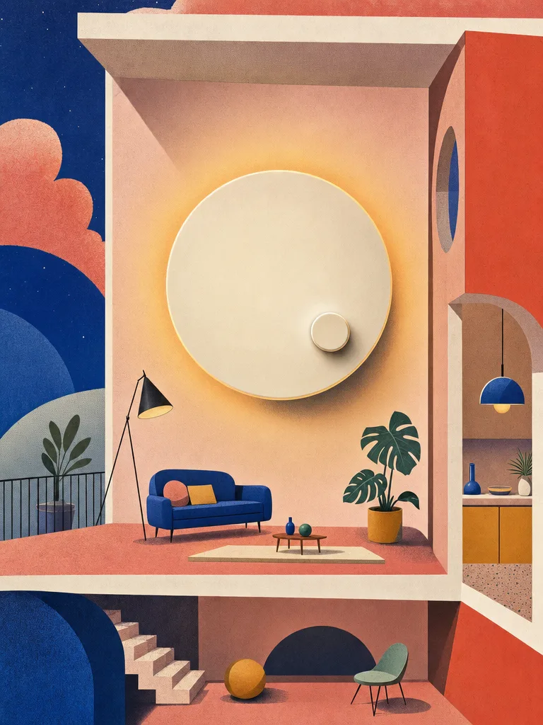 Surreale Illustration eines Wohnzimmers mit übergroßem Thermostat, um das winzige Möbel wie Planeten kreisen