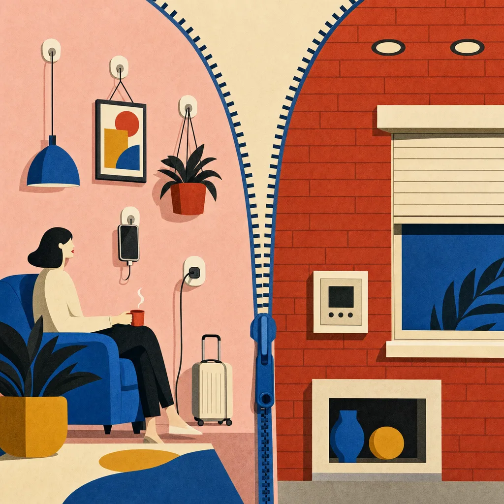 Illustration einer Wand, die sich wie ein Reißverschluss teilt: links Mietwohnung mit aufsteckbaren Geräten, rechts Eigenheim mit fest eingebauter Technik
