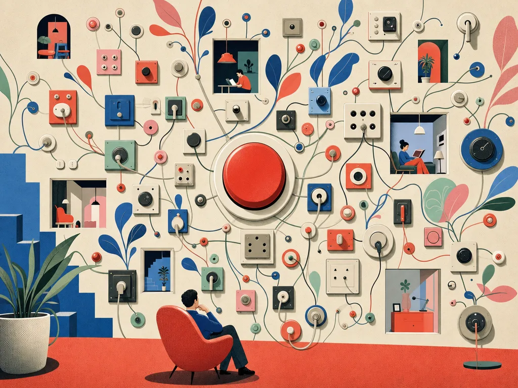 Illustration einer Wand voller Schalter und Dosen, die wie eine Sternenkarte angeordnet und mit Kabelranken verbunden sind