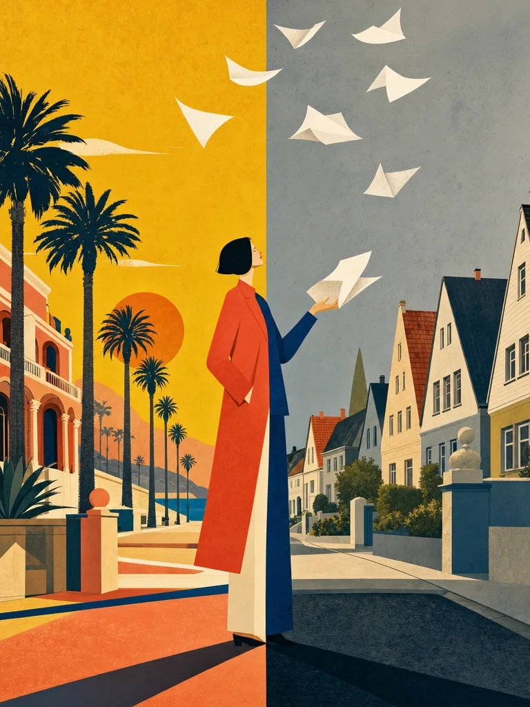 Illustration einer Figur auf einer Schwelle zwischen einer sonnigen Palmenstraße und einer deutschen Wohnstraße, über der Formulare wie Vögel durch die Luft flattern