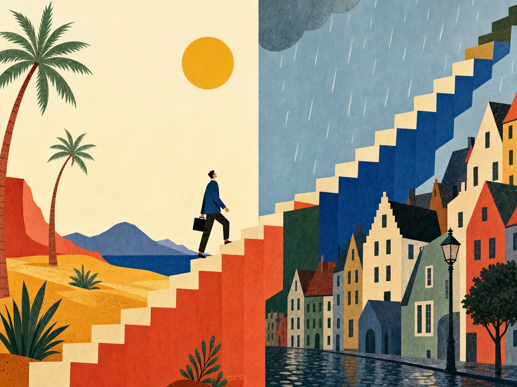 Illustration einer Treppe, die durch eine sonnige Wüstenlandschaft mit Palmen hinaufsteigt und auf der rechten Bildhälfte durch eine regnerische deutsche Straße weiterführt, mit einer kleinen Figur mit Aktentasche