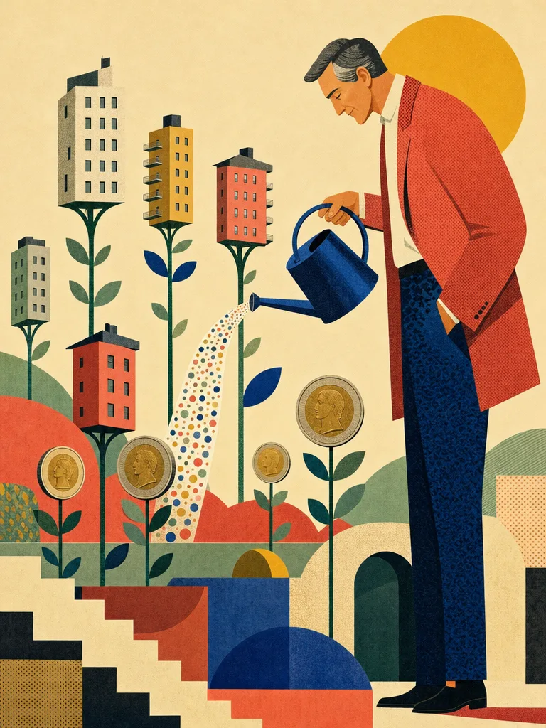 Illustration einer stilisierten Figur, die einen geometrischen Garten pflegt, in dem Münzen als Pflanzen und Häuser als Bäume wachsen