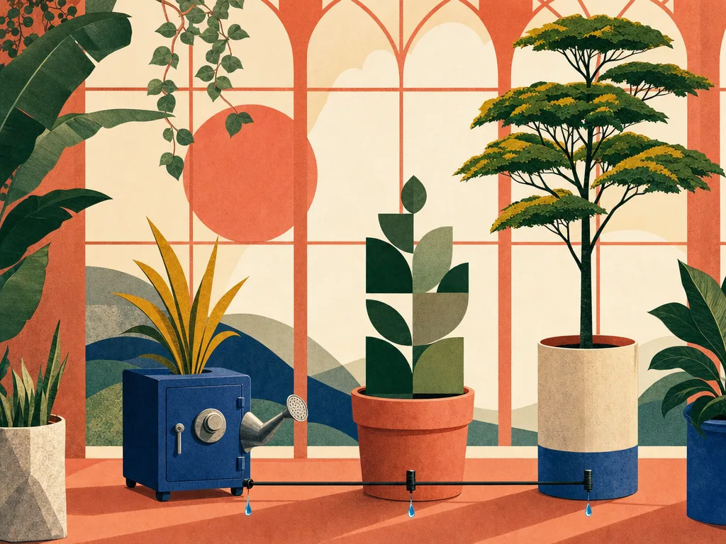 Illustration eines Gewächshauses mit drei Pflanzgefäßen: ein kleiner Tresor mit Gießkanne, eine Topfpflanze und ein junger Baum, verbunden durch eine Tropfleitung