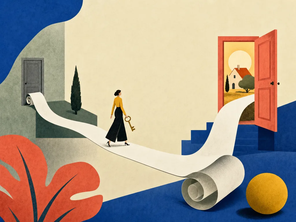Illustration eines langen weißen Maßbandes ohne Zahlen, das diagonal von einer geschlossenen grauen Tür zu einer offenen warmen roten Tür mit einem leuchtenden Haus führt; eine winzige Figur mit Schlüssel geht das Band entlang