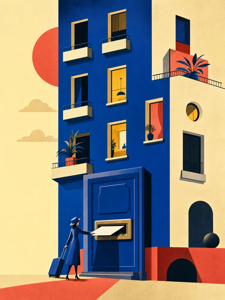 Illustration eines surrealen Mietshauses, dessen Eingangstür einen übergroßen Kartenschlitz hält; davor eine winzige Figur mit Koffer, die eine weiße Karte einsteckt; einige Fenster leuchten warm, andere bleiben dunkel
